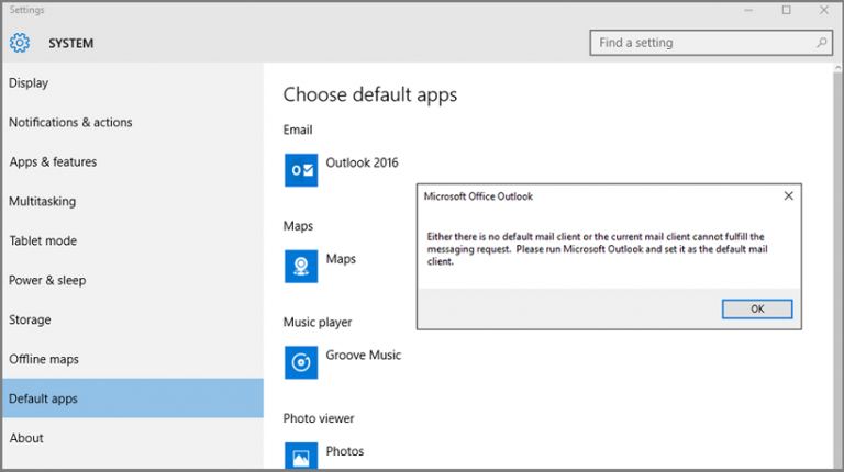 Either there is no default mail client ошибка outlook 2016